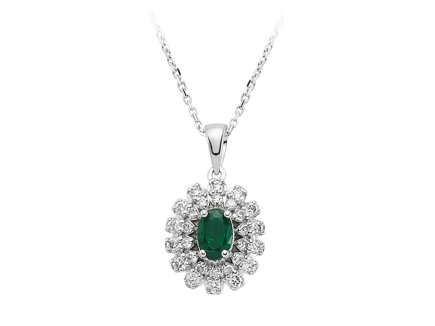 Pendentif ovale en émeraude avec 28 diamants – 0,39 ct | or blanc 14 carats