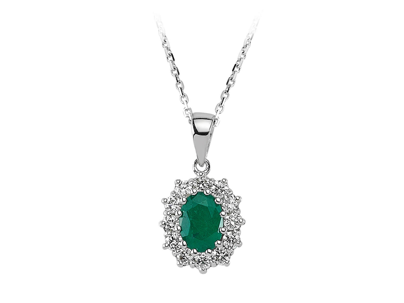 Anturaj pendant with oval emerald and 12 diamonds – 14K white gold