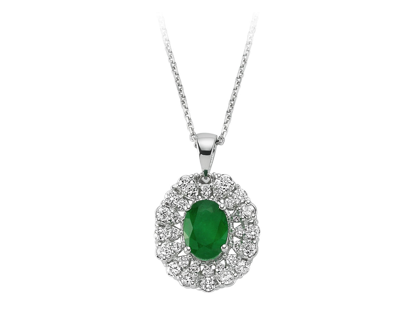 Pendentif entourage ovale en émeraude avec diamants de 0,57 ct en or blanc 14 carats