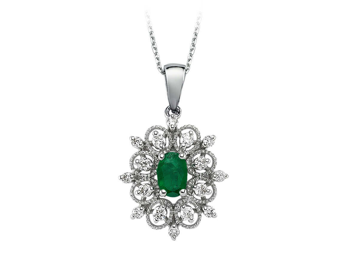 Oval emerald pendant with 16 diamonds – 0.33 ct | 14K white gold