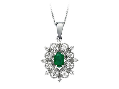 Oval emerald pendant with 16 diamonds – 0.33 ct | 14K white gold