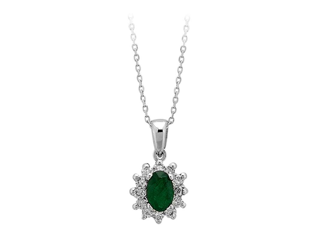 Halo necklace with Emerald & lab-grown diamonds - 14K White Gold | Elegant gemstone jewelry - high-quality jewelry from Rosy Lab Diamonds