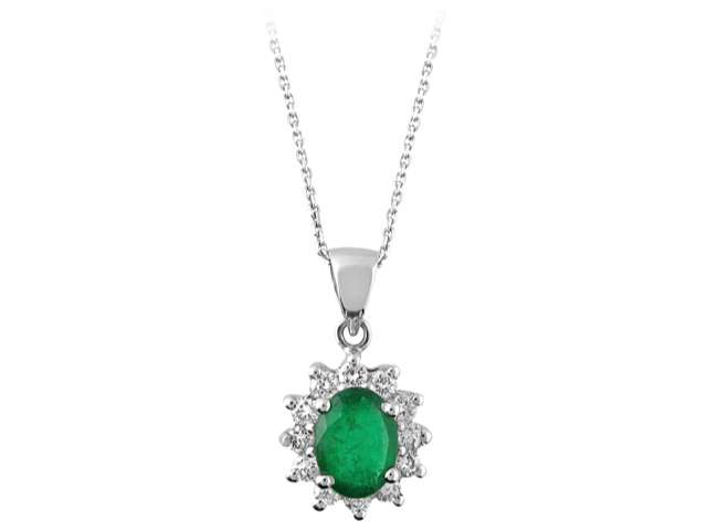 Anturage pendant with oval emerald and 12 round lab diamonds