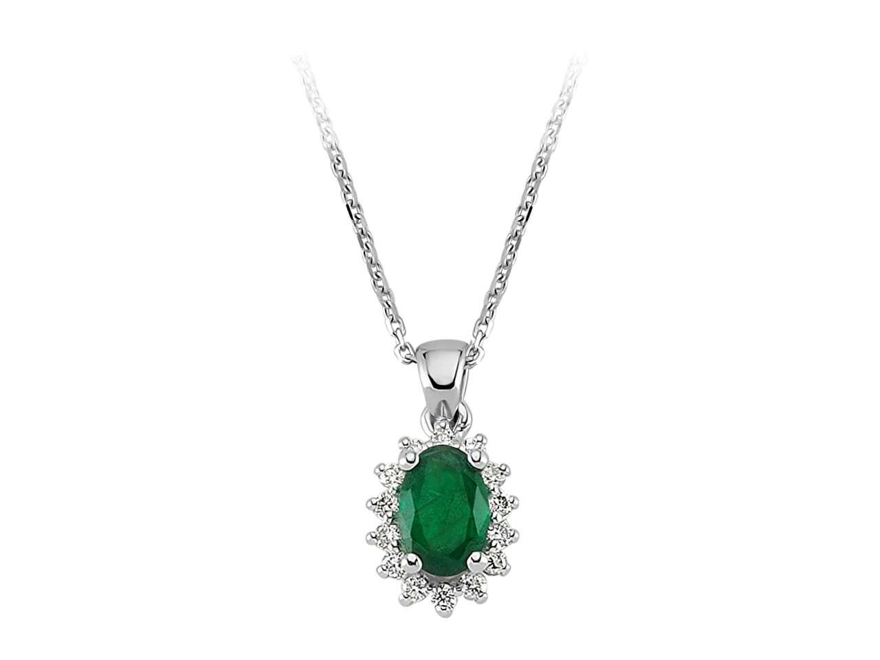 Elegant pendant with oval emerald and 14 diamonds – 14K white gold