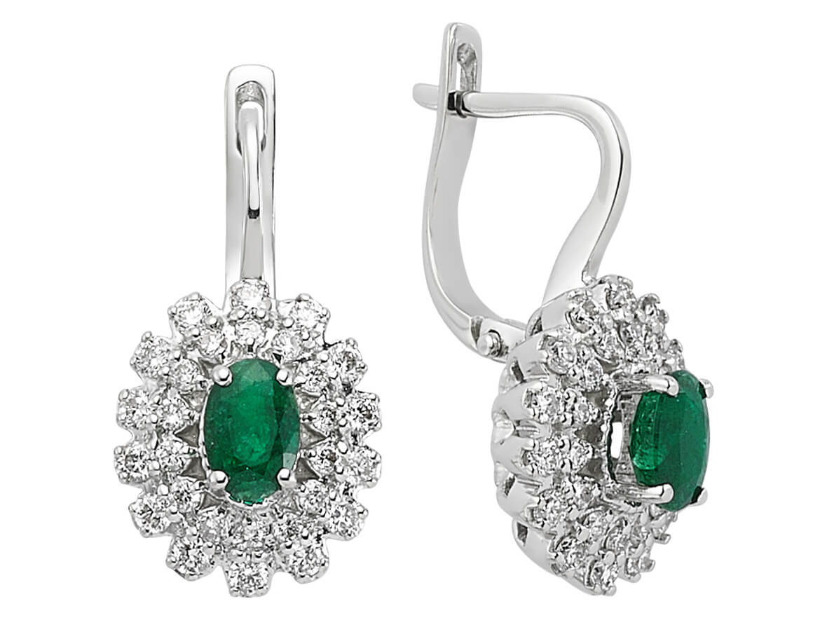 Boucles d'oreilles Anturaj avec émeraudes ovales et diamants en or blanc 14 carats