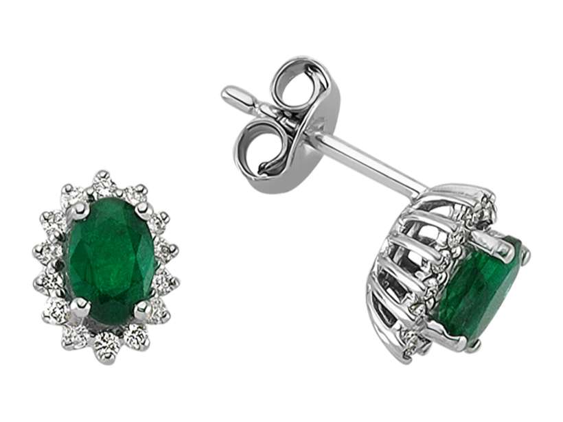 Anturaj stud earrings with oval emeralds & lab diamonds in 585 white gold