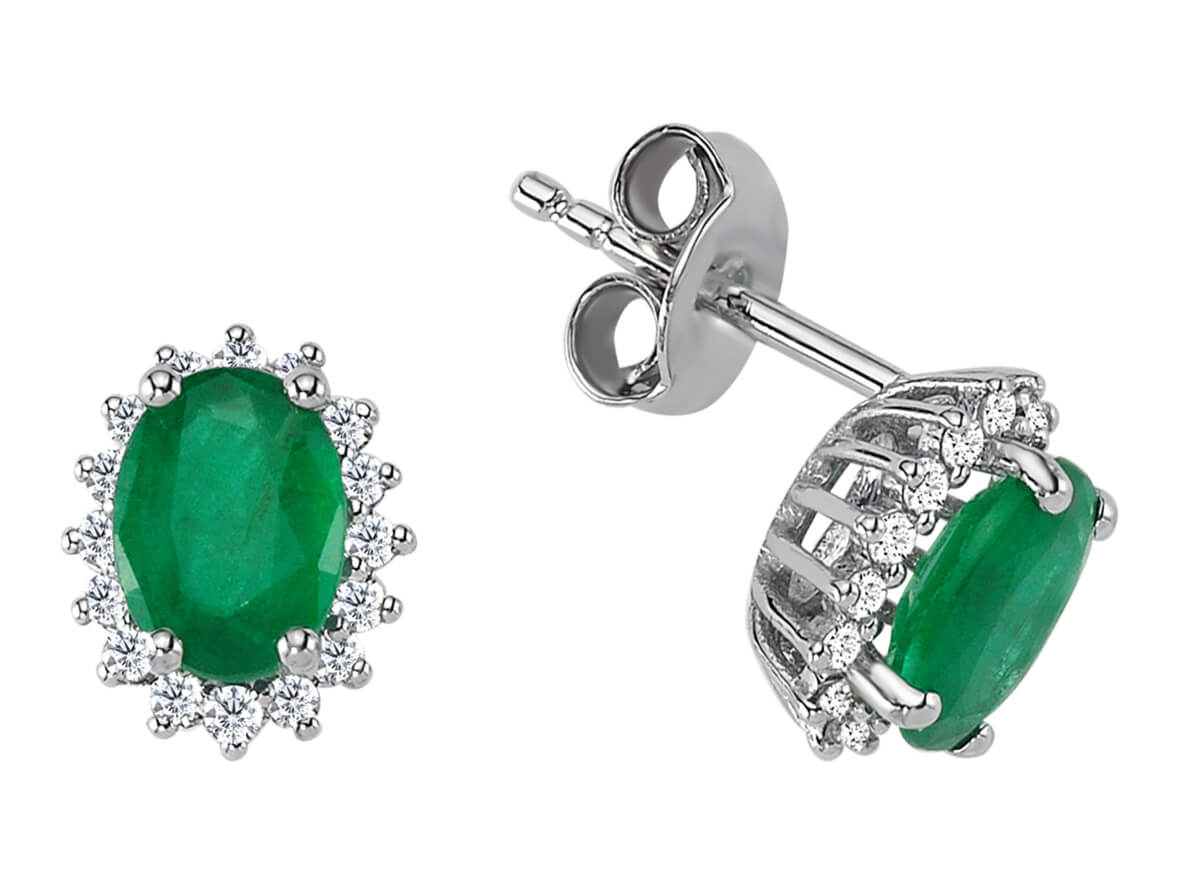 Boucles d'oreilles Anturage avec émeraudes ovales et diamants de laboratoire en or blanc 585