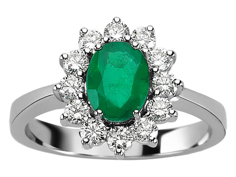 Eleganter Ring mit 1,50 ct ovalem Smaragd und 12 rund geschliffenen laborgezüchteten Diamanten in 14K Weißgold