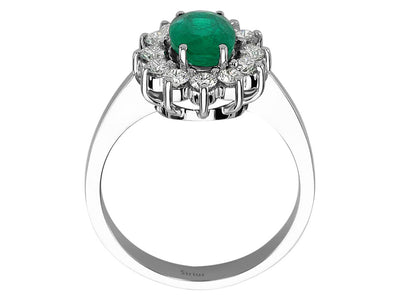Eleganter Ring mit 1,50 ct ovalem Smaragd und 12 rund geschliffenen laborgezüchteten Diamanten in 14K Weißgold
