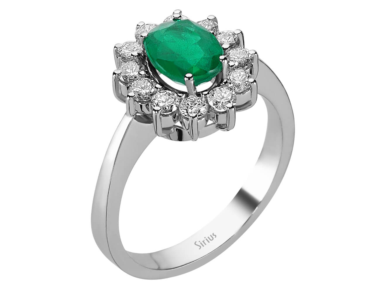 Eleganter Ring mit 1,50 ct ovalem Smaragd und 12 rund geschliffenen laborgezüchteten Diamanten in 14K Weißgold