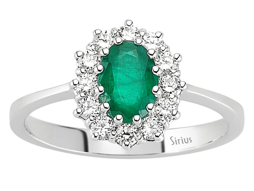 Bague exquise en Diamant et Émeraude ovale de style entourage en Or Blanc 14 carats – Diamants cultivés en laboratoire – Bijoux haut de gamme de Rosy Lab Diamonds