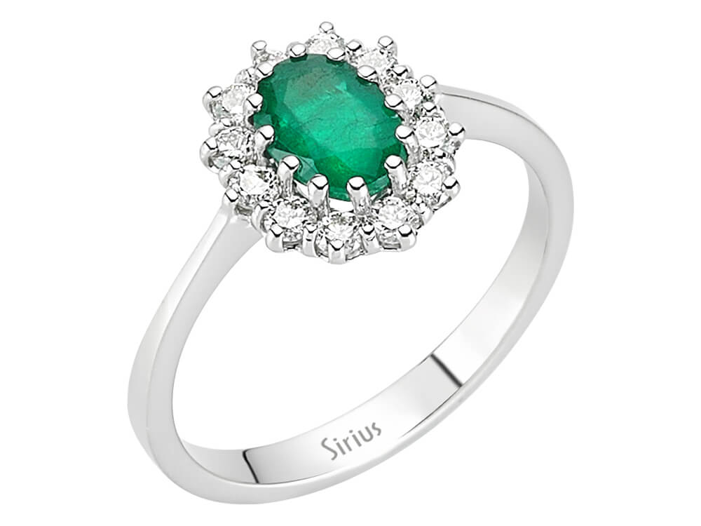 Bague exquise en Diamant et Émeraude ovale de style entourage en Or Blanc 14 carats – Diamants cultivés en laboratoire – Bijoux haut de gamme de Rosy Lab Diamonds