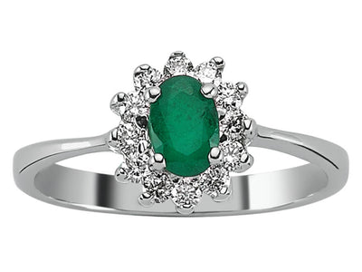 Weißgold Ring mit 12 Diamanten und 1 ovalem Smaragd – 14K