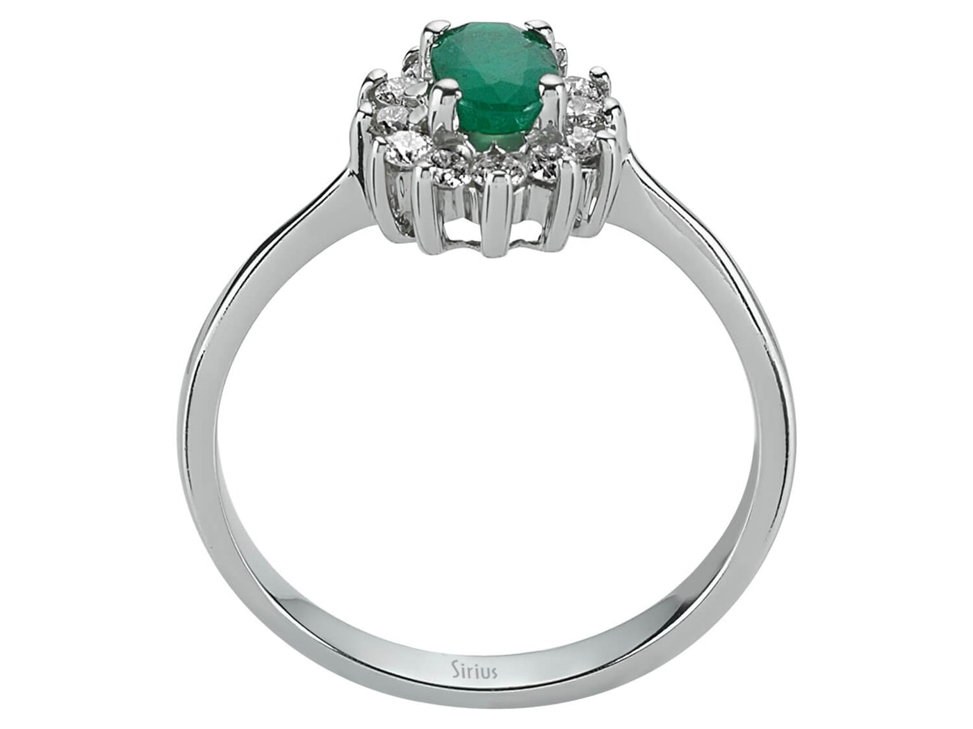 Weißgold Ring mit 12 Diamanten und 1 ovalem Smaragd – 14K