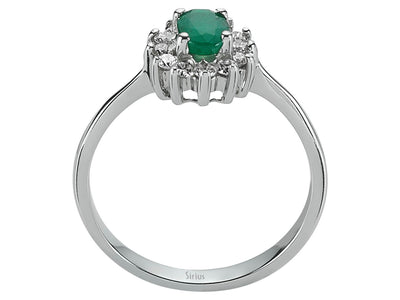 Weißgold Ring mit 12 Diamanten und 1 ovalem Smaragd – 14K