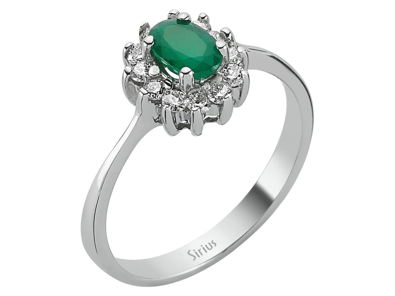 Weißgold Ring mit 12 Diamanten und 1 ovalem Smaragd – 14K