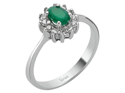 Weißgold Ring mit 12 Diamanten und 1 ovalem Smaragd – 14K