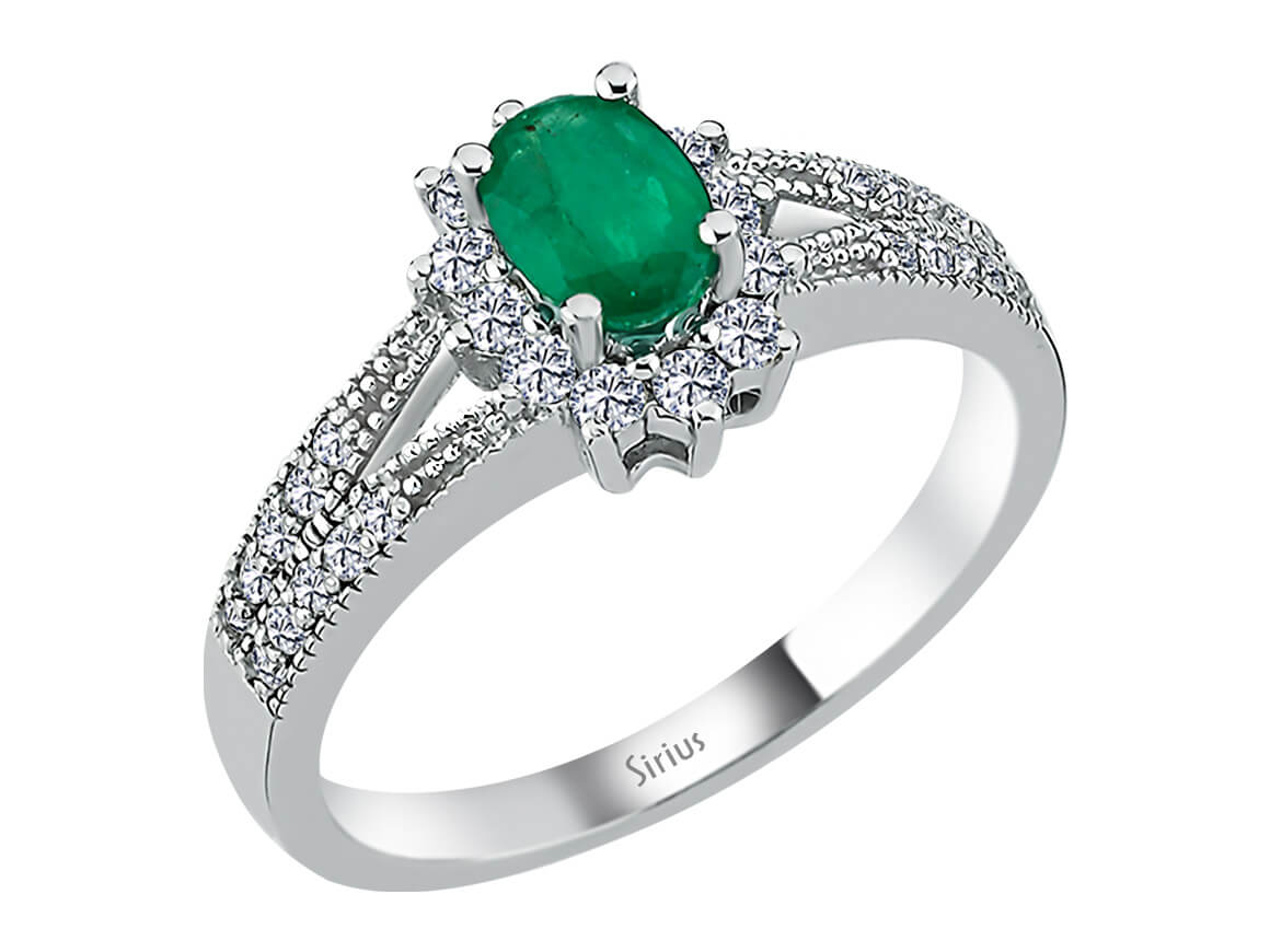White gold ring with oval Emerald & diamonds - 14K - 07R0035 - high-quality Jewelry by Rosy Lab Diamonds