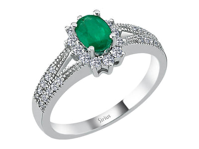 Weißgoldring mit 1 ovalen Smaragd, 12 und 20 rund geschliffenen Diamanten – 0,45 ct + 0,27 ct + 0,15 ct