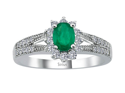 Weißgoldring mit 1 ovalen Smaragd, 12 und 20 rund geschliffenen Diamanten – 0,45 ct + 0,27 ct + 0,15 ct