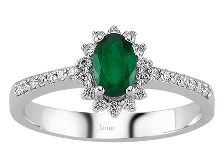 Bague halo avec émeraude de 0,72 ct et diamants – Or Blanc 14 carats – Bijoux haut de gamme de Rosy Lab Diamonds