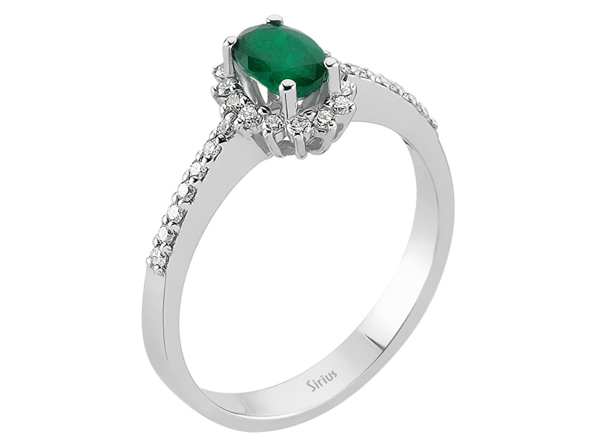 Bague entourage avec émeraude de 0,72 ct et diamants – Or Blanc 14 carats – Bijoux haut de gamme de Rosy Lab Diamonds