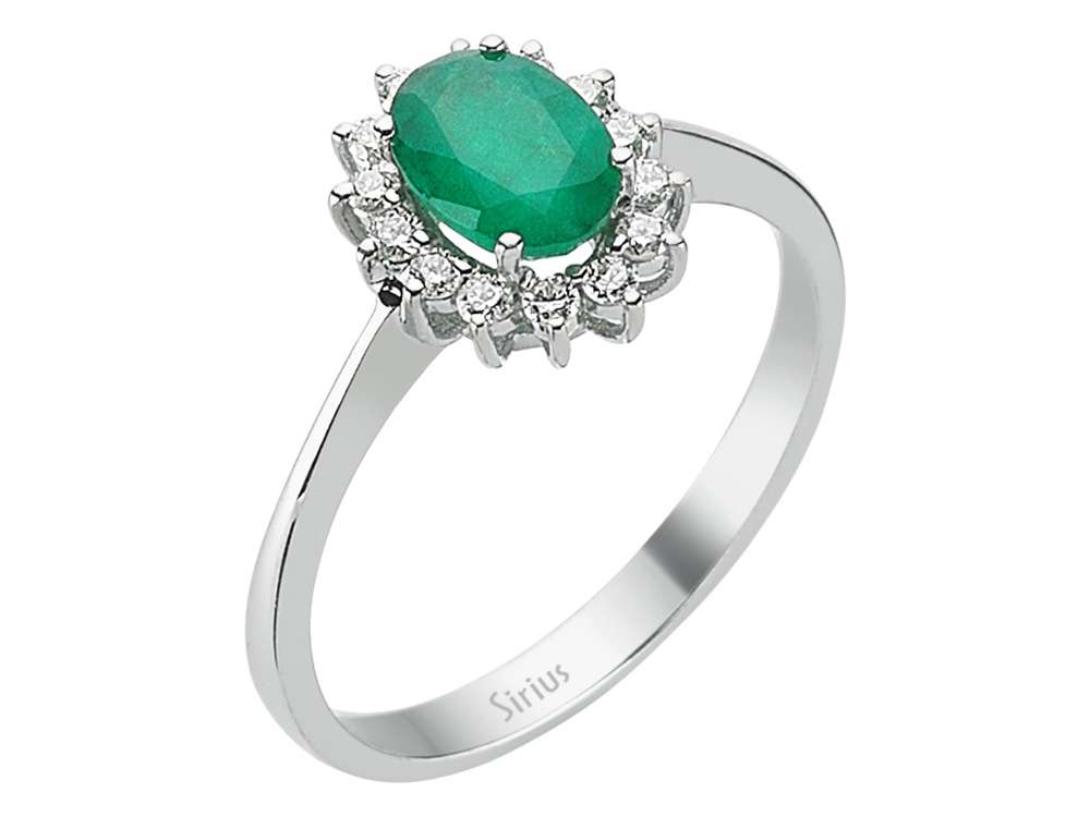 Anturage-Ring aus 14K Weißgold mit ovalem Smaragd und Labor-Diamanten – 1,10 ct