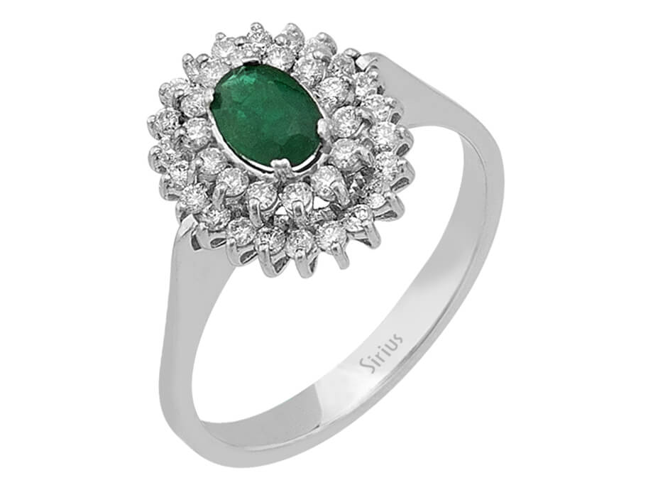 Doppellagiger Ring mit 36 rund geschliffenen Labor-Diamanten und 0,35 Karat ovalem Smaragd