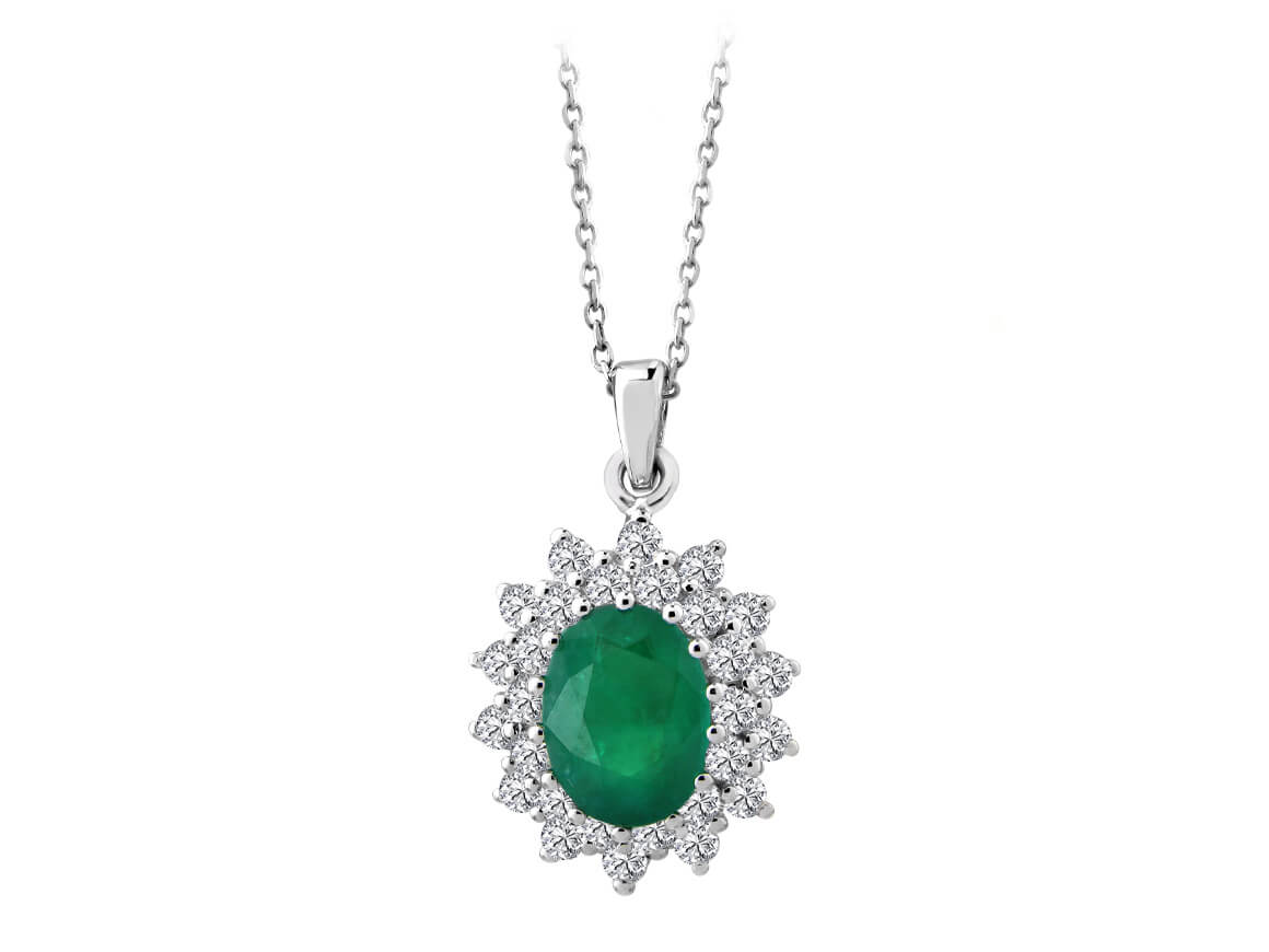 Anturage pendant with oval emerald and 28 round lab diamonds in 14K gold