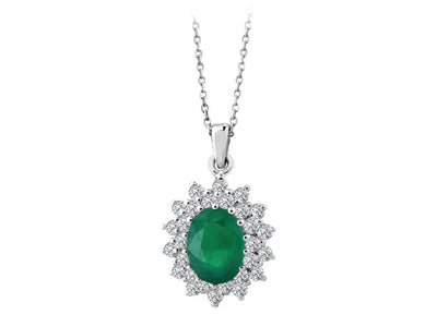 Anturage pendant with oval emerald and 28 round lab diamonds in 14K gold