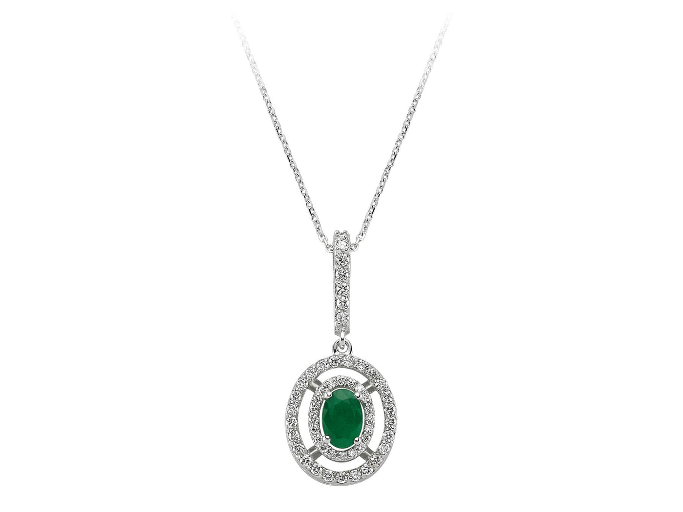 Zirkuläre Halskette mit ovalem Smaragd und 0,32 ct laborgezüchteten Diamanten in 14K Weißgold