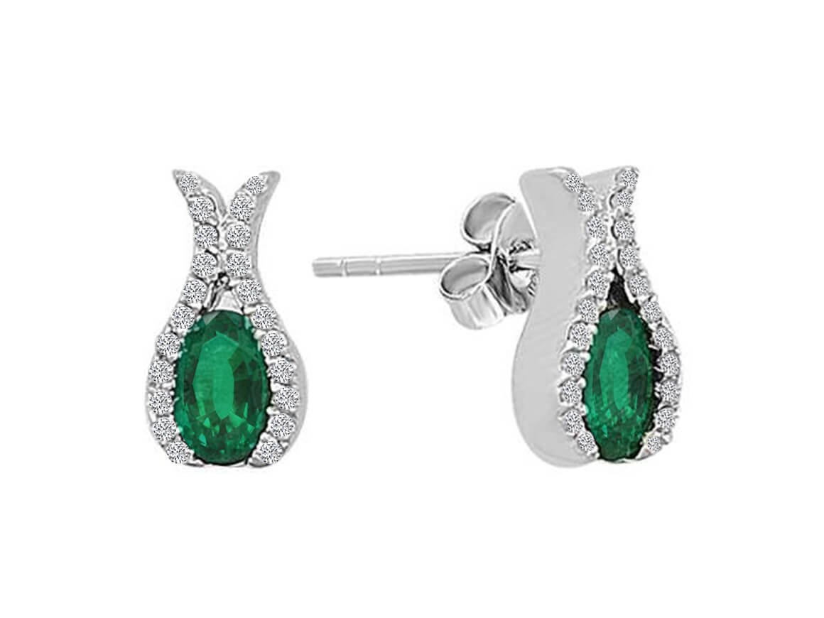 Élégants clous d'oreilles émeraude et diamant en or blanc 585