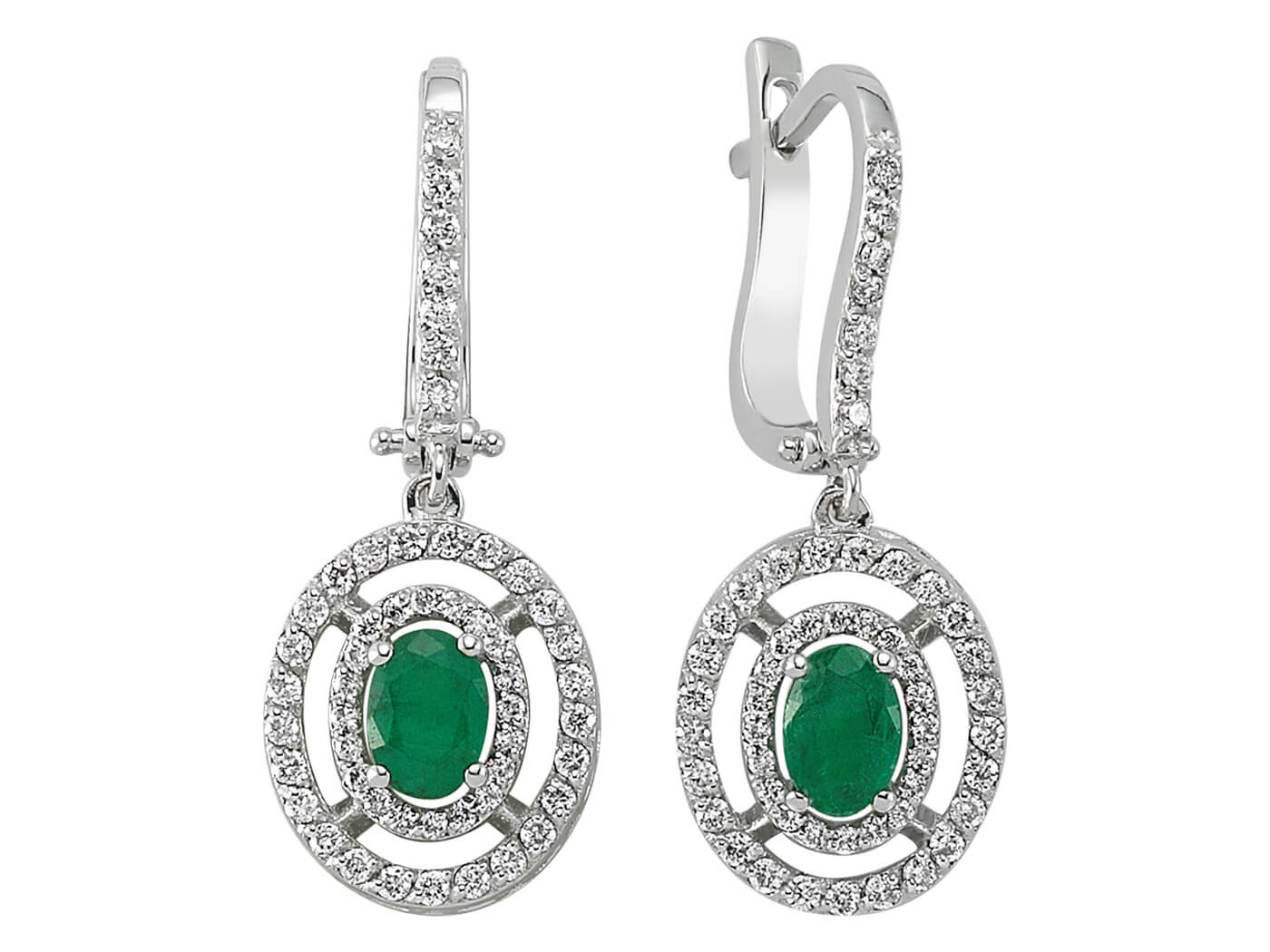 Oval compass setting drop earrings with emeralds & 0.61 ct lab-grown diamonds in 14K white gold