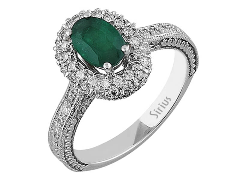 Vintage Ring mit 72 rund geschliffenen laborgezüchteten Diamanten, 0,58 ct, und einem ovalen laborgezüchteten Smaragd, 0,67 ct, in 14K Weißgold