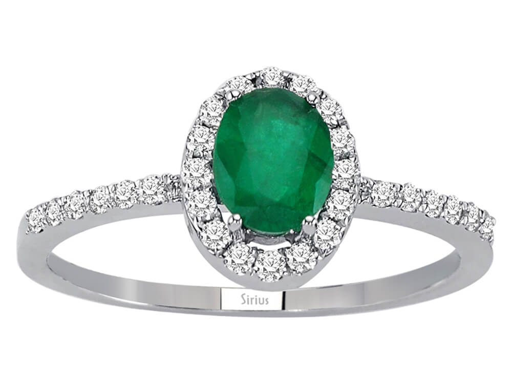 Eleganter Ring mit ovalem Smaragd und Diamanten aus 14K Weißgold (0,76 ct Smaragd)