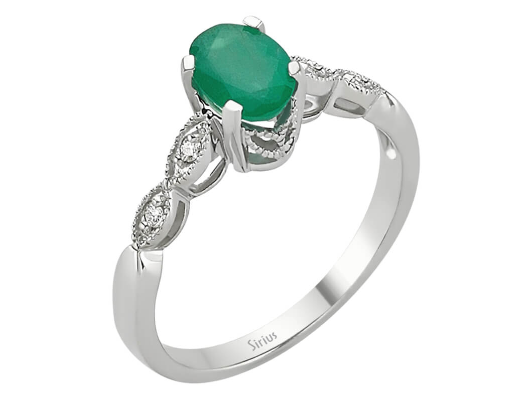 Bague en or blanc avec diamants et émeraude ovale - 14K - 07R0037 - Bijoux haut de gamme de Rosy Lab Diamonds