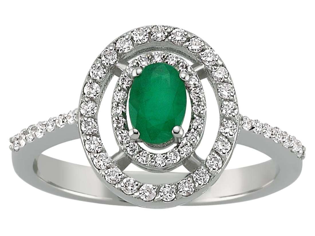 Exklusiver Ring aus 14K Weißgold mit ovalem Smaragd und 59 Diamanten
