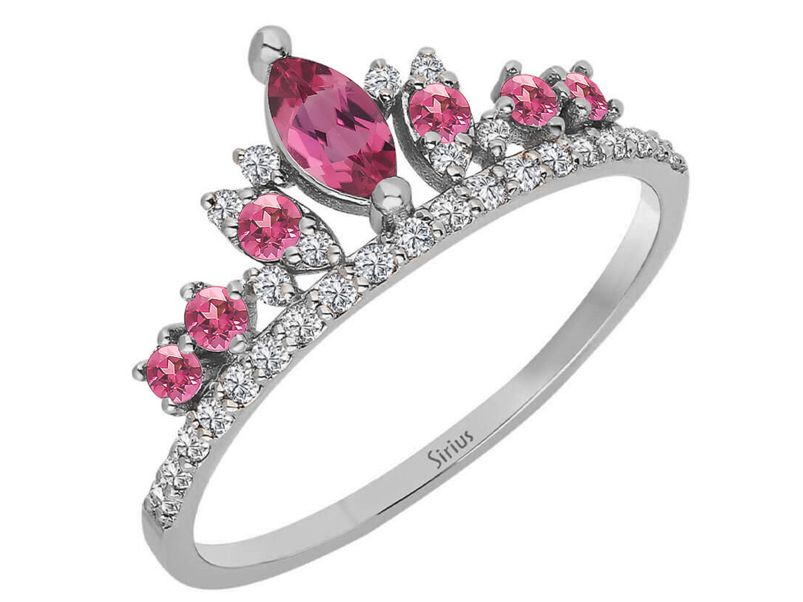 خاتم تاج مع تورمالين وردي وألماس | ذهب أبيض عيار 14 قيراطًا - مجوهرات فاخرة من Rosy Lab Diamonds
