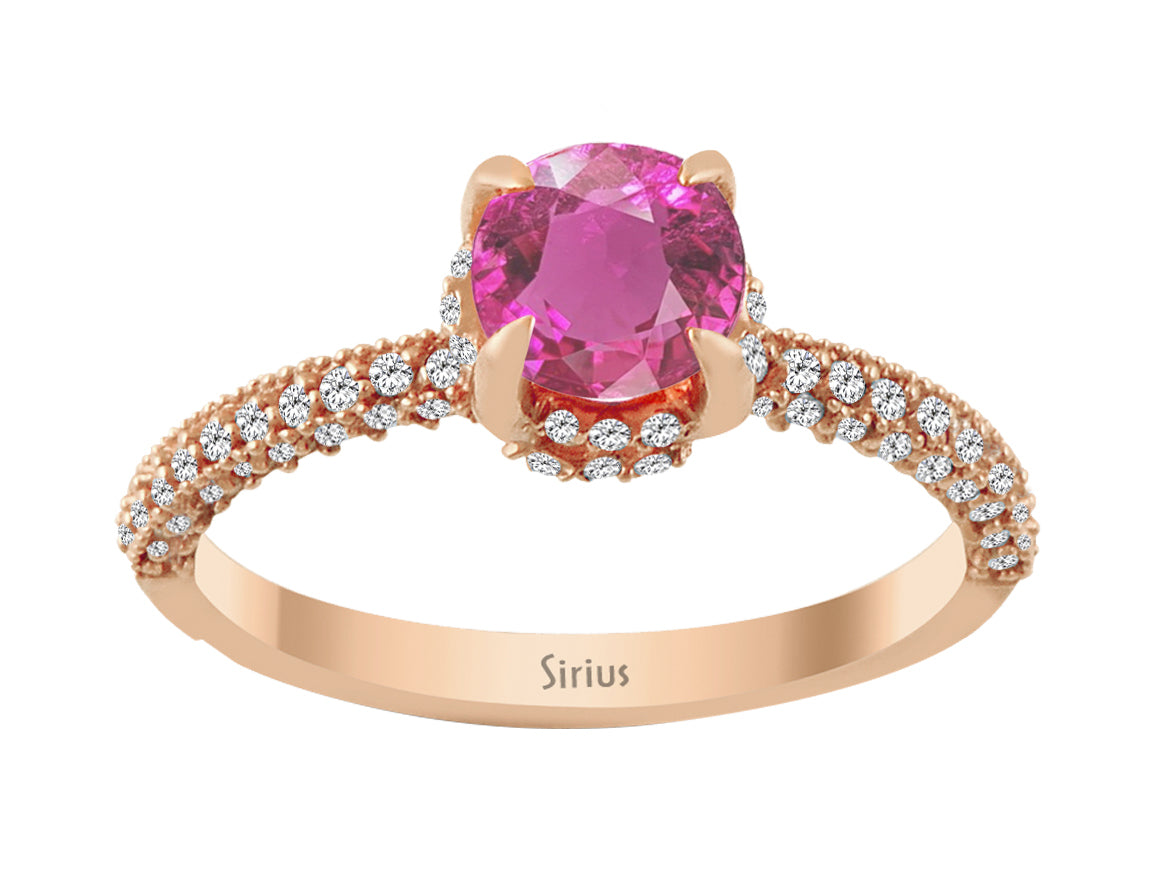 14K rose gold ring with 76 round diamonds (0.46 carat) and 1 round tourmaline (0.80 carat)