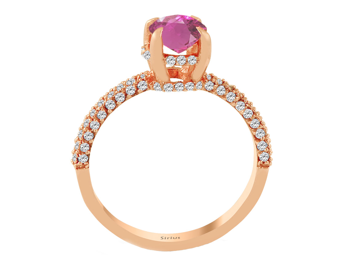 14K Roségold Ring mit 76 laborgezüchteten Diamanten und rundem pink Turmalin - 0,80 Karat - hochwertiger Schmuck von Rosy Lab Diamonds