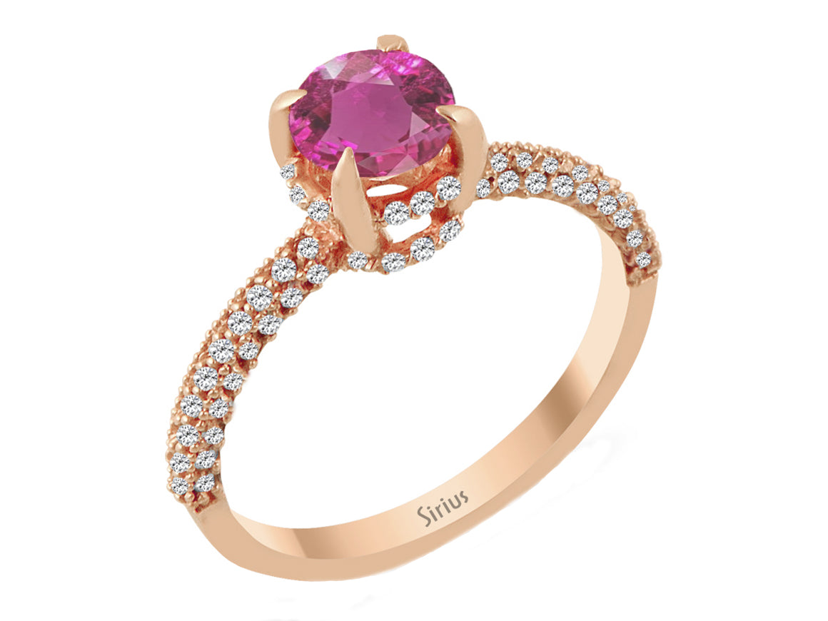 14K Roségold Ring mit 76 laborgezüchteten Diamanten und rundem pink Turmalin - 0,80 Karat - hochwertiger Schmuck von Rosy Lab Diamonds