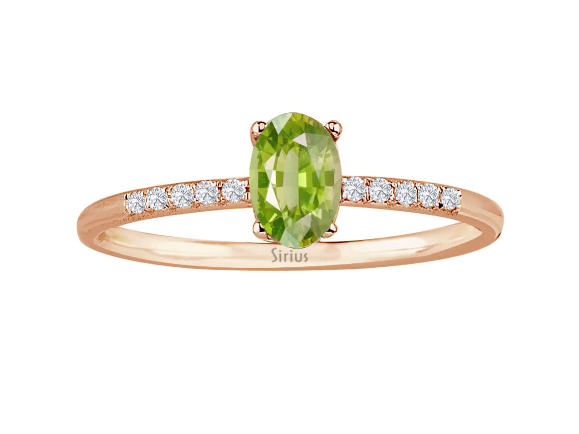 Filigree ring with oval peridot and diamonds – 14K rose gold
