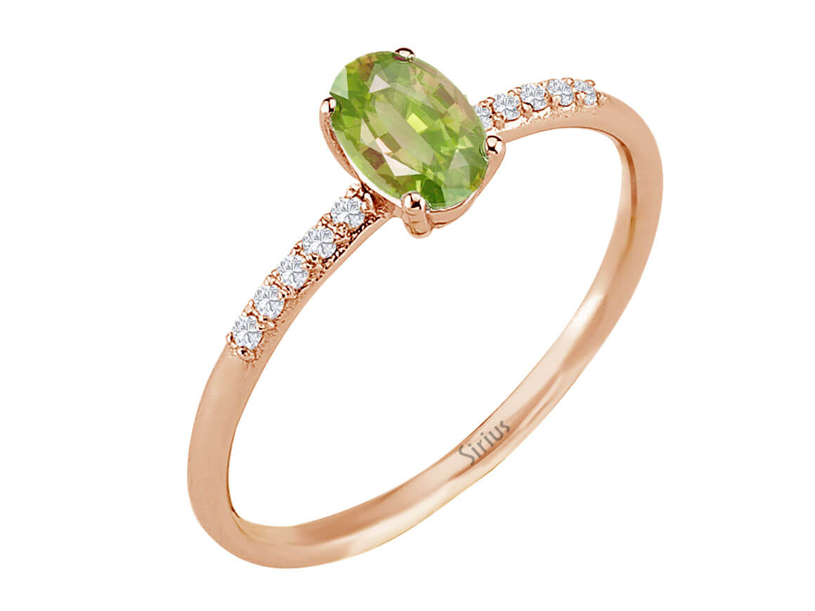 Filigree ring with oval peridot and diamonds – 14K rose gold