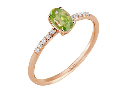 Filigree ring with oval peridot and diamonds – 14K rose gold