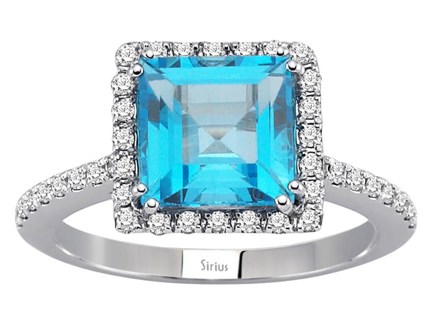 Ring mit Prinzess-Schliff Mavi Topaz & Diamanten - 14K Weißgold - hochwertiger Schmuck von Rosy Lab Diamonds