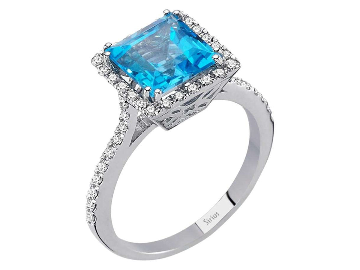 Ring mit Prinzess-Schliff Mavi Topaz & Diamanten - 14K Weißgold - hochwertiger Schmuck von Rosy Lab Diamonds