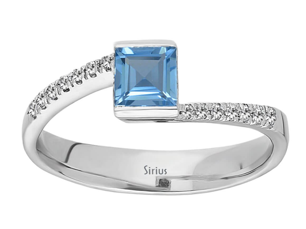 Weißgoldring mit 14 Diamanten und 1 Princess Schliff Blauer Topas