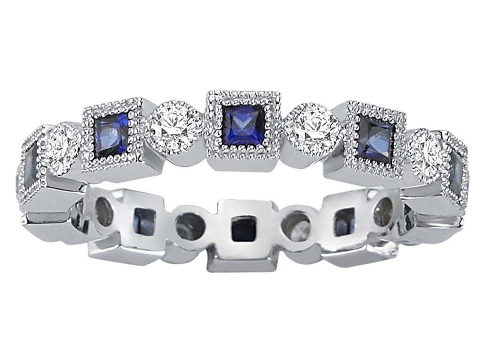 Pırlantalı ve Prenses Kesim Safirli Tam Tur Yüzük - 14K Beyaz Altın (1,05 ct) - Rosy Lab Diamonds'tan yüksek kaliteli Mücevher