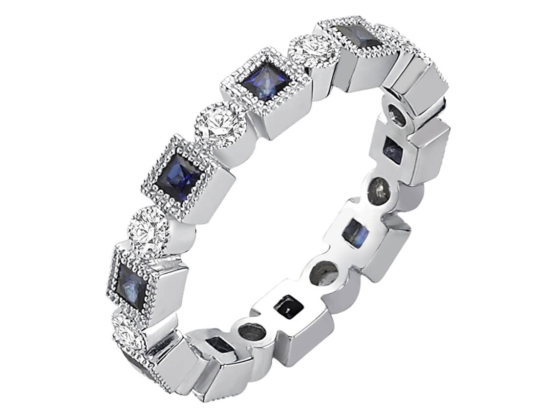 Pırlantalı ve Prenses Kesim Safirli Tam Tur Yüzük - 14K Beyaz Altın (1,05 ct) - Rosy Lab Diamonds'tan yüksek kaliteli Mücevher