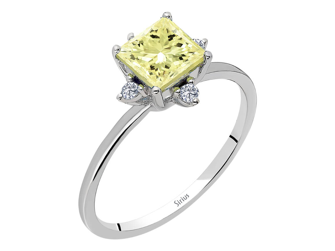 Solia ring with princess cut yellow quartz and lab diamonds in 8K white gold